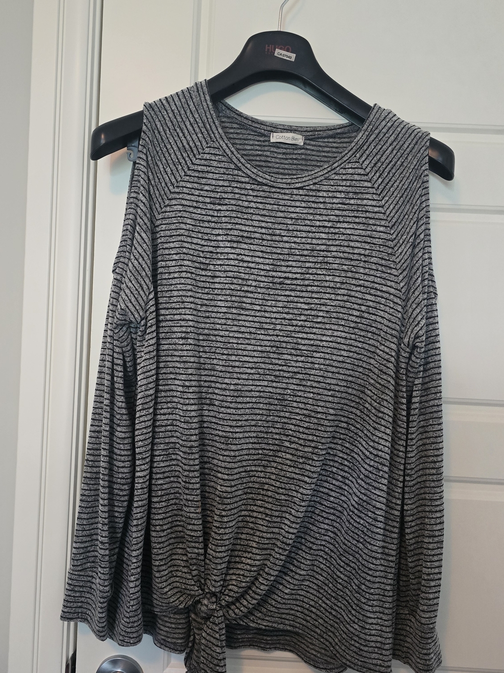 Cotton Bleu Striped Tie-Hem Cold Shoulder Top - Gray/Black